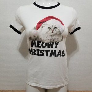 Stranded shirt Small Meowy Christmas cat graphic XMas holiday ringer novelty